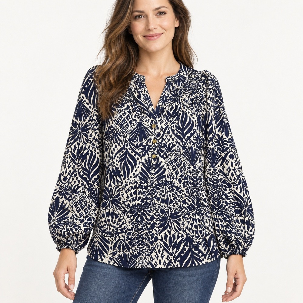 Lilly Pulitzer Silk Blouse Navy Blue White Shell Print Smocked V-Neck Top Medium